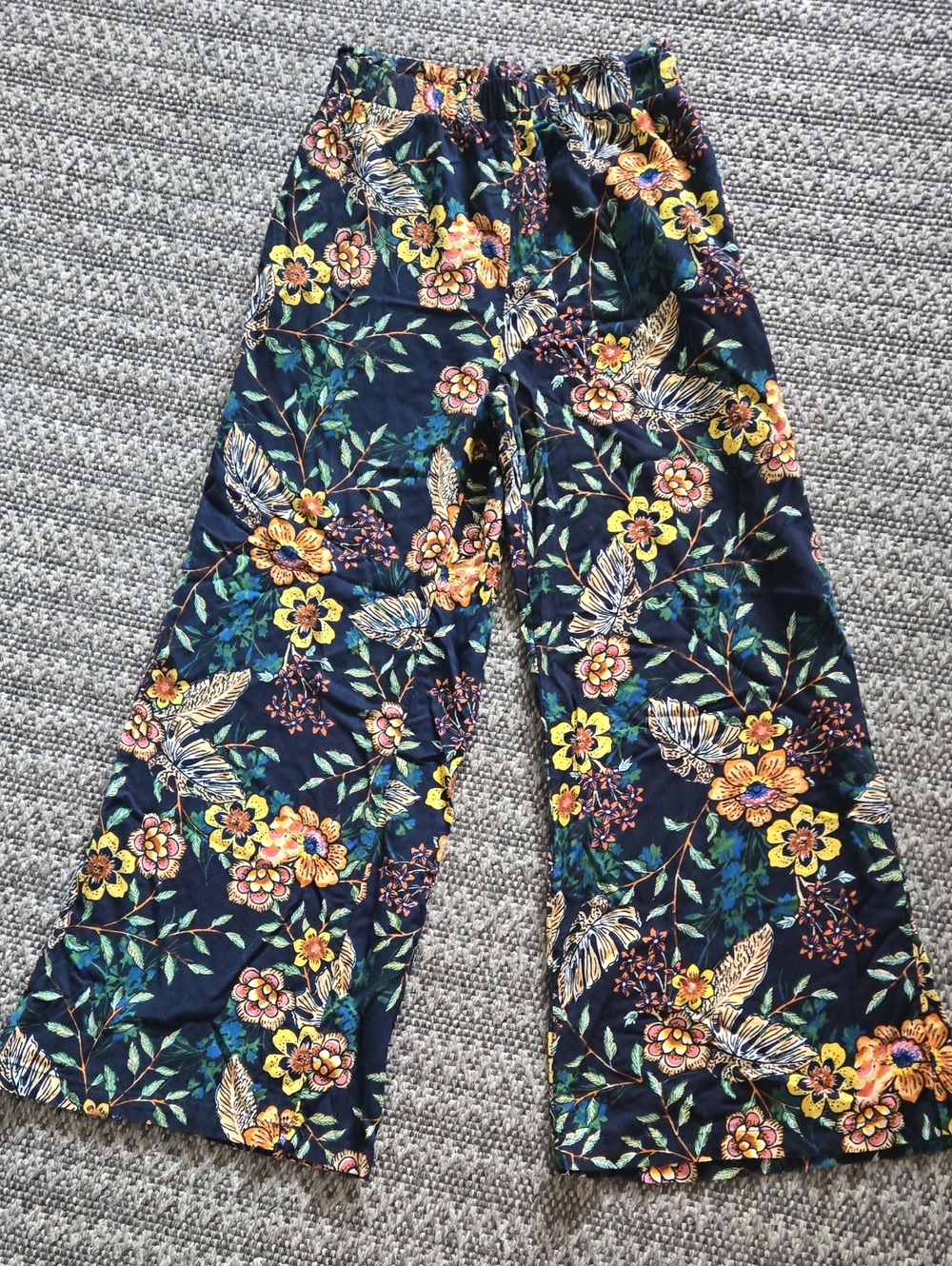 Miss Selfie Navy Floral Wide-Leg Pants with Yellow & Green Print